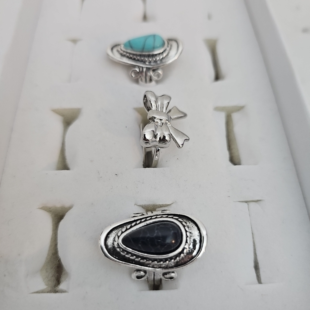 3pc Fashion Ring Set Silver Bow Black Stone Blue Country Girl Southwestern - Picture 3 of 8